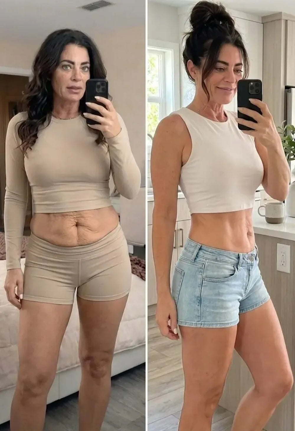 Comparaison de deux photographies du ventre en tenue beige