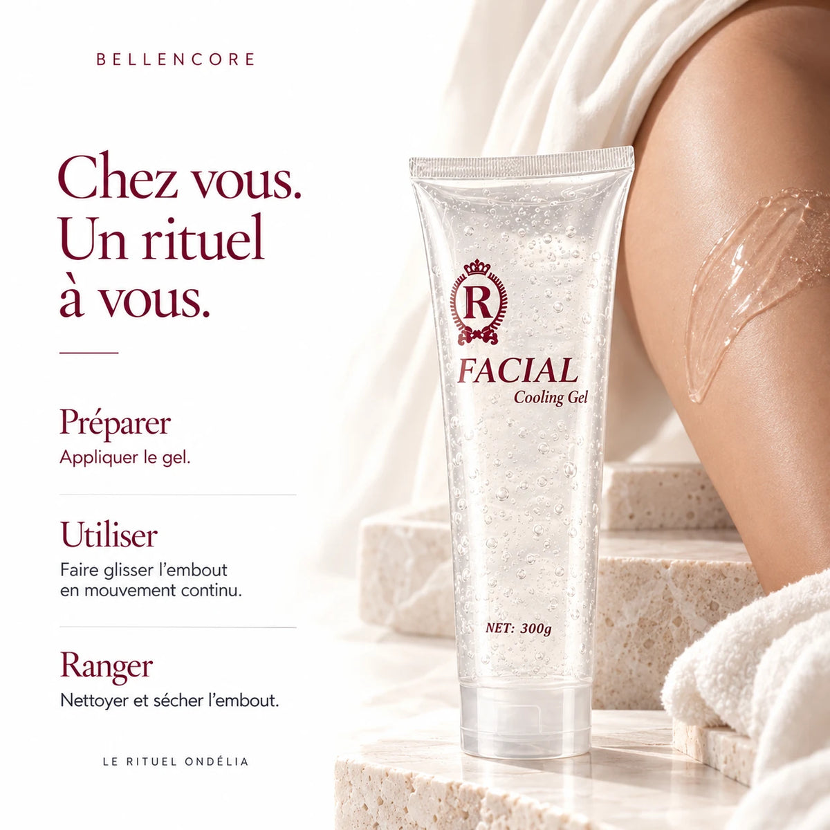 Les trois gestes du rituel : appliquer le gel, faire glisser l'embout, nettoyer et sécher